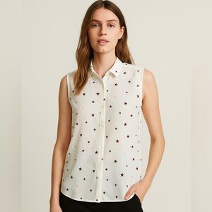 Maison Scotch Star Print Sleeveless Blouse - White with Red & Orange size 4